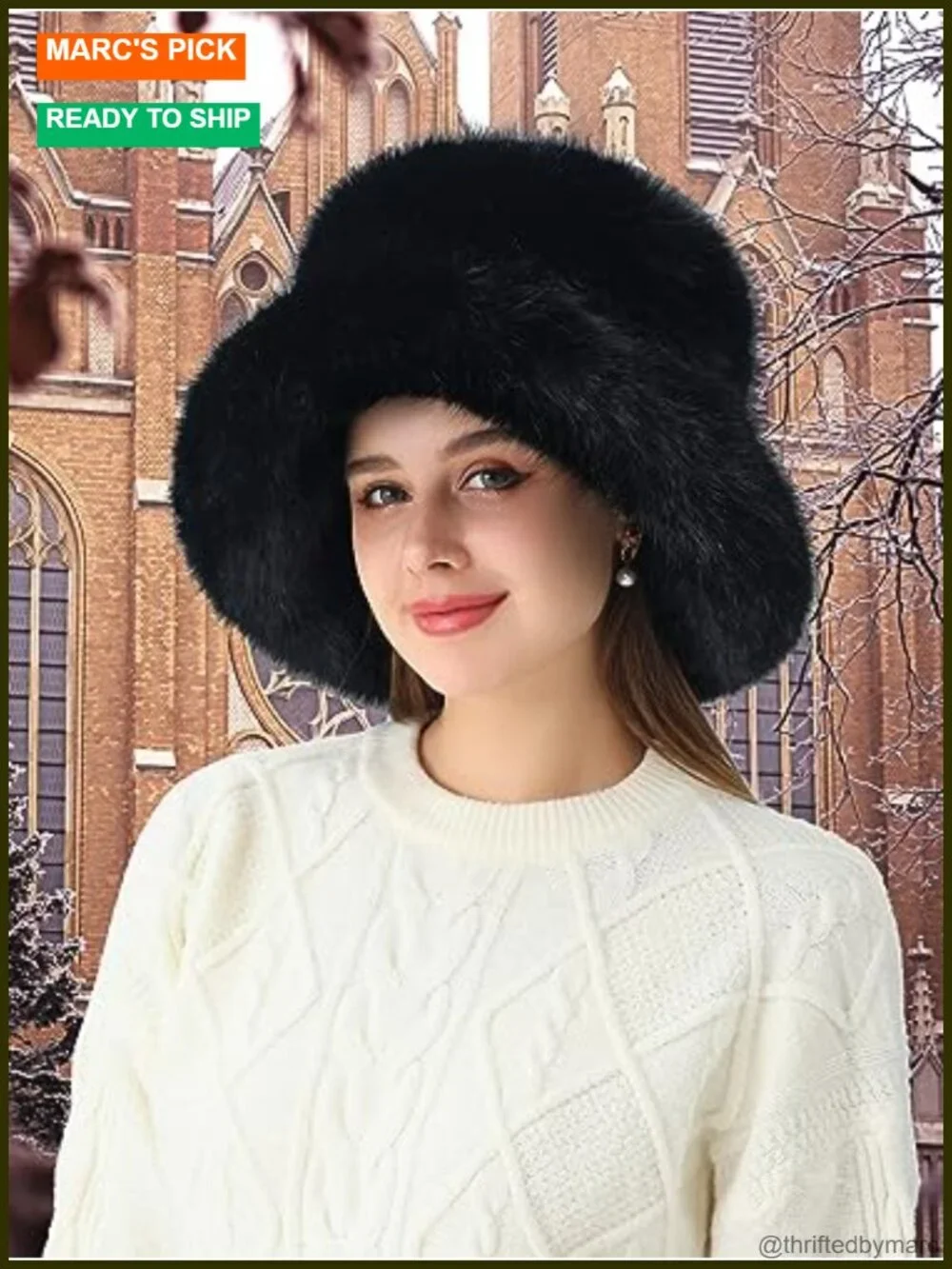 Womens Faux Fur Bucket Hat Fluffy Winter Wide Brim Fisherman Cap
